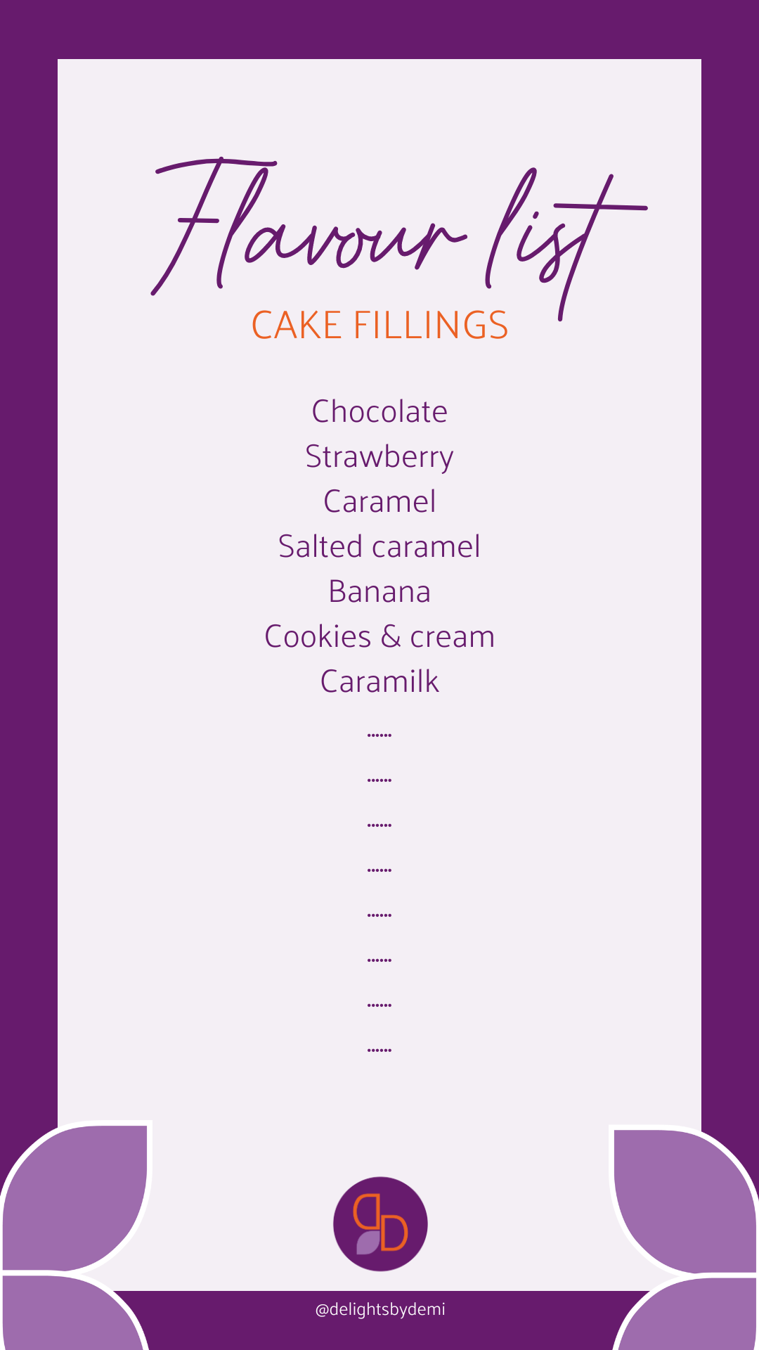 A cake fillings list on a purple background. Used as a social media template and designed by a brand designer from New Zealand.