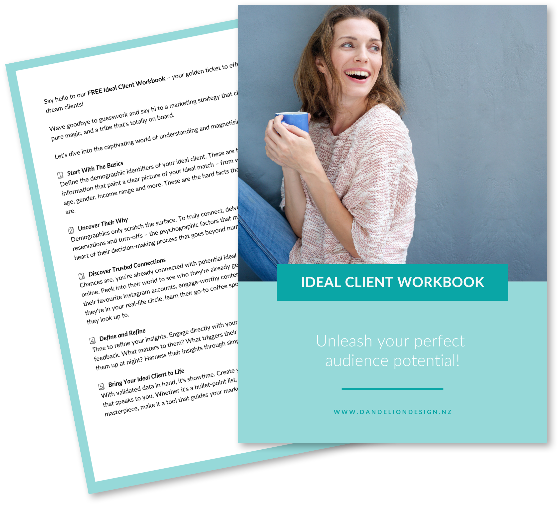 Example pages from the Ideal client workbook. Put together by a graphic designer to help female entrepreneurs in their businesses.