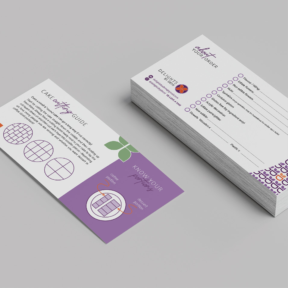 A business card with a purple and white design.