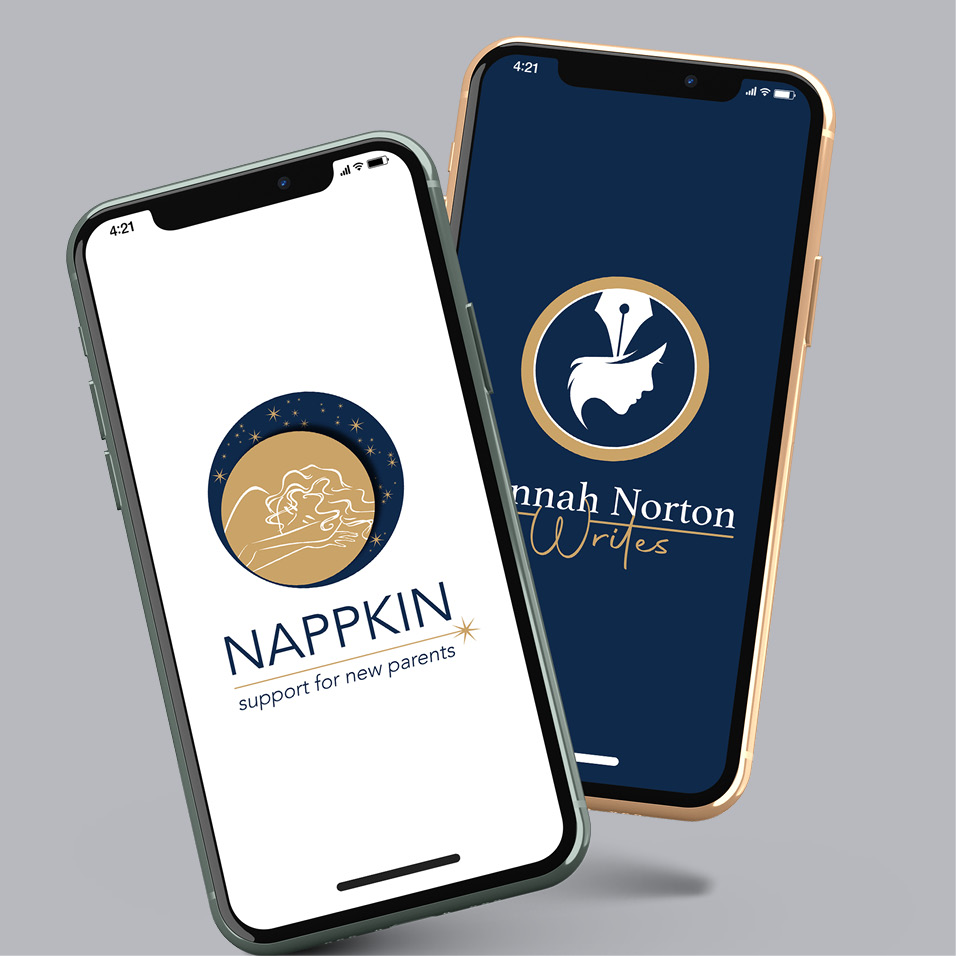 Two iPhones with the branding of Nappkin  and Hannah Norton Writes on them.