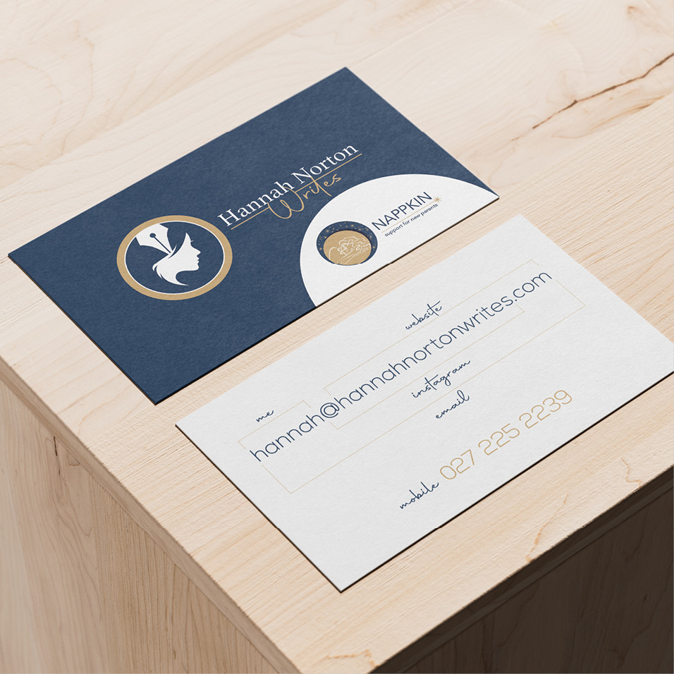 A business card placed elegantly on a rustic wooden table.