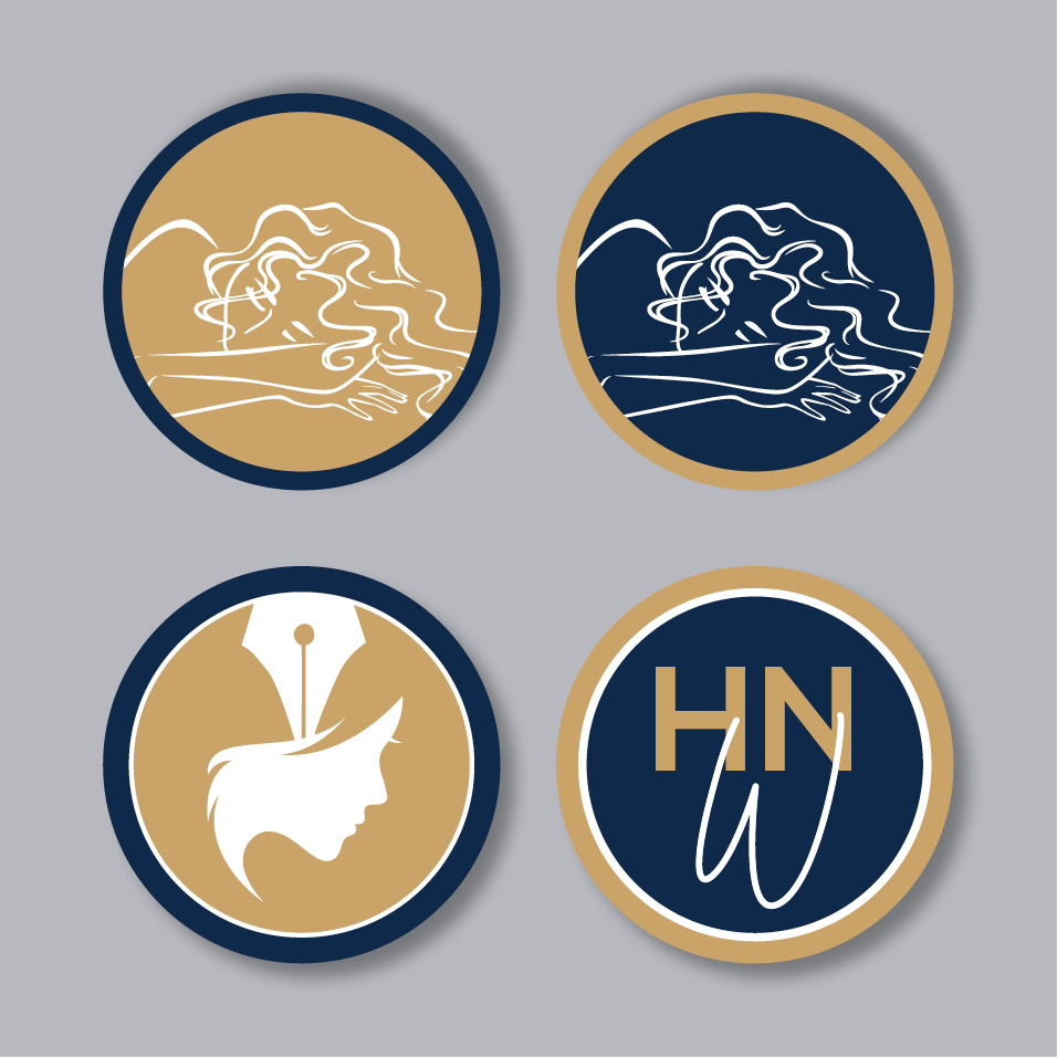 Four round badges with submarks on them, featuring sleek graphic design.