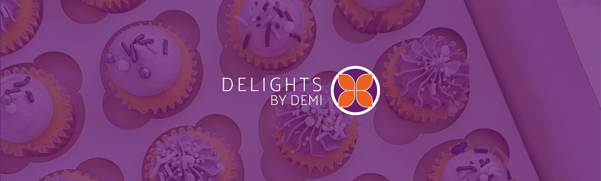 A purple background with cupcakes and the logo for Delights by Demi.